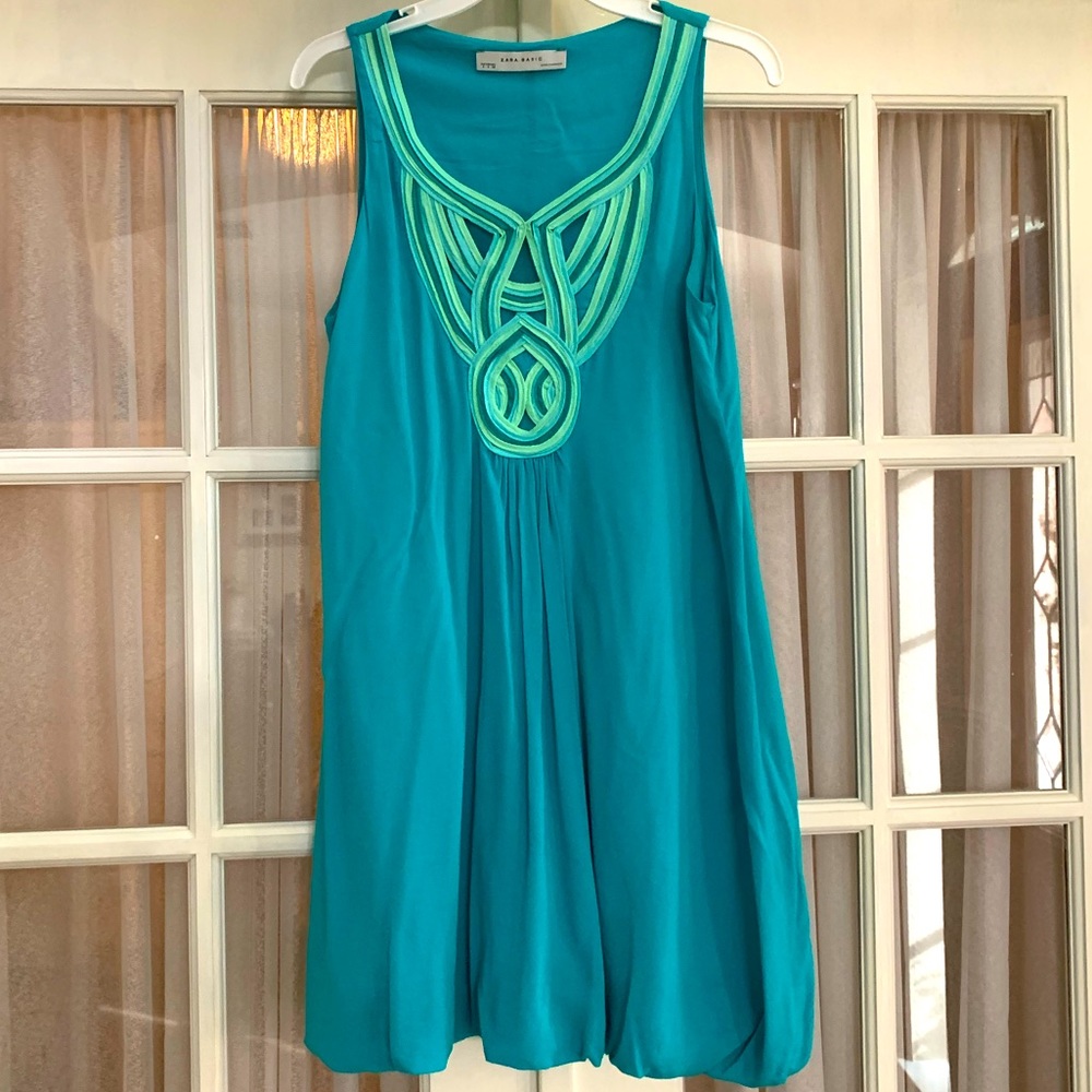Vintage Zara Basic turquoise sleeveless embroidered neckline mini bubble dress